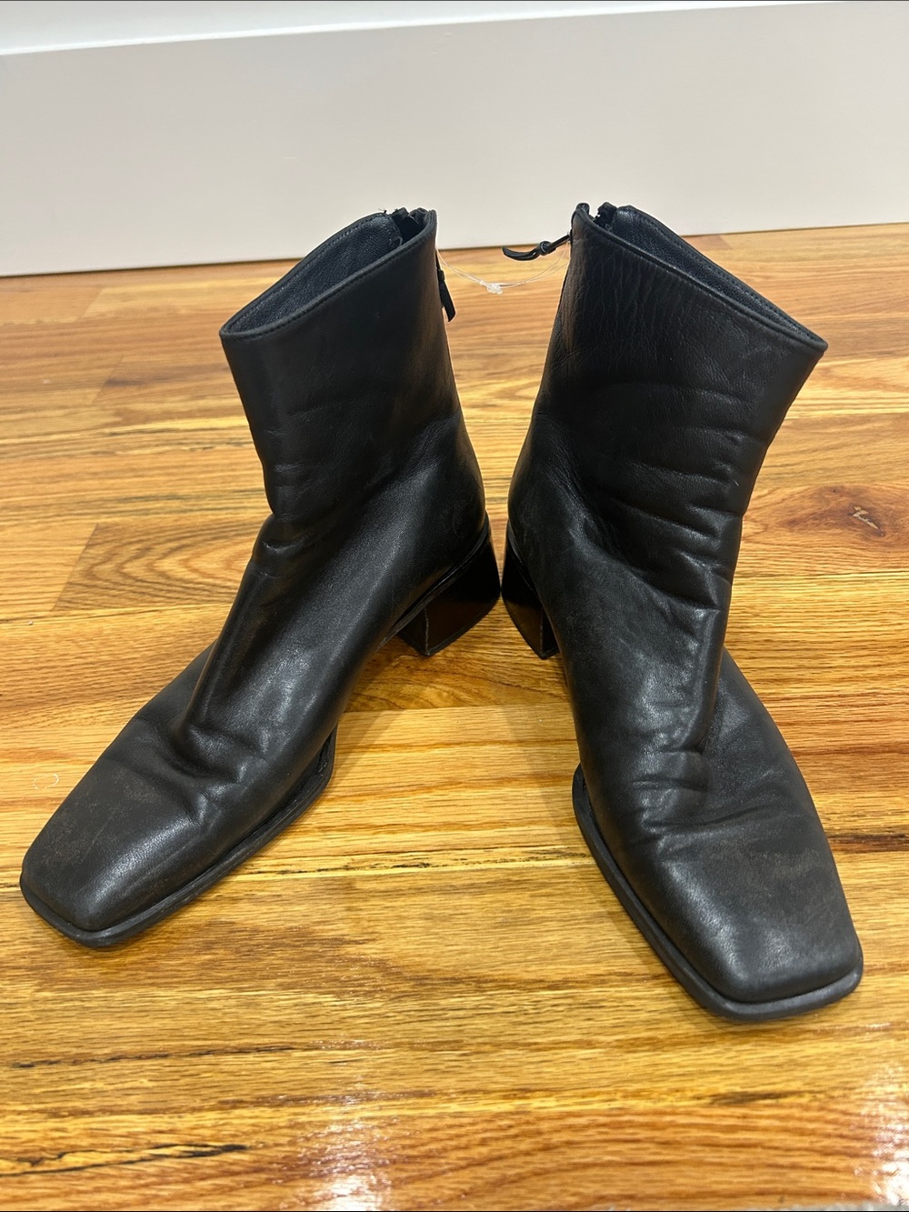 Stuart Weitzman Black Leather Square-Toe Ankle Boots